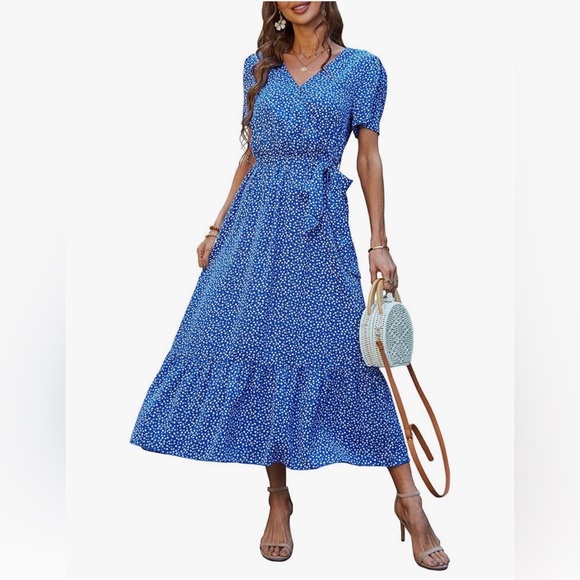 PrettyGarden Blue Floral Midi Dress Size L V-Neck Tie Waist - Picture 1 of 5